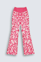 Pink patterned pants on a light gray background
