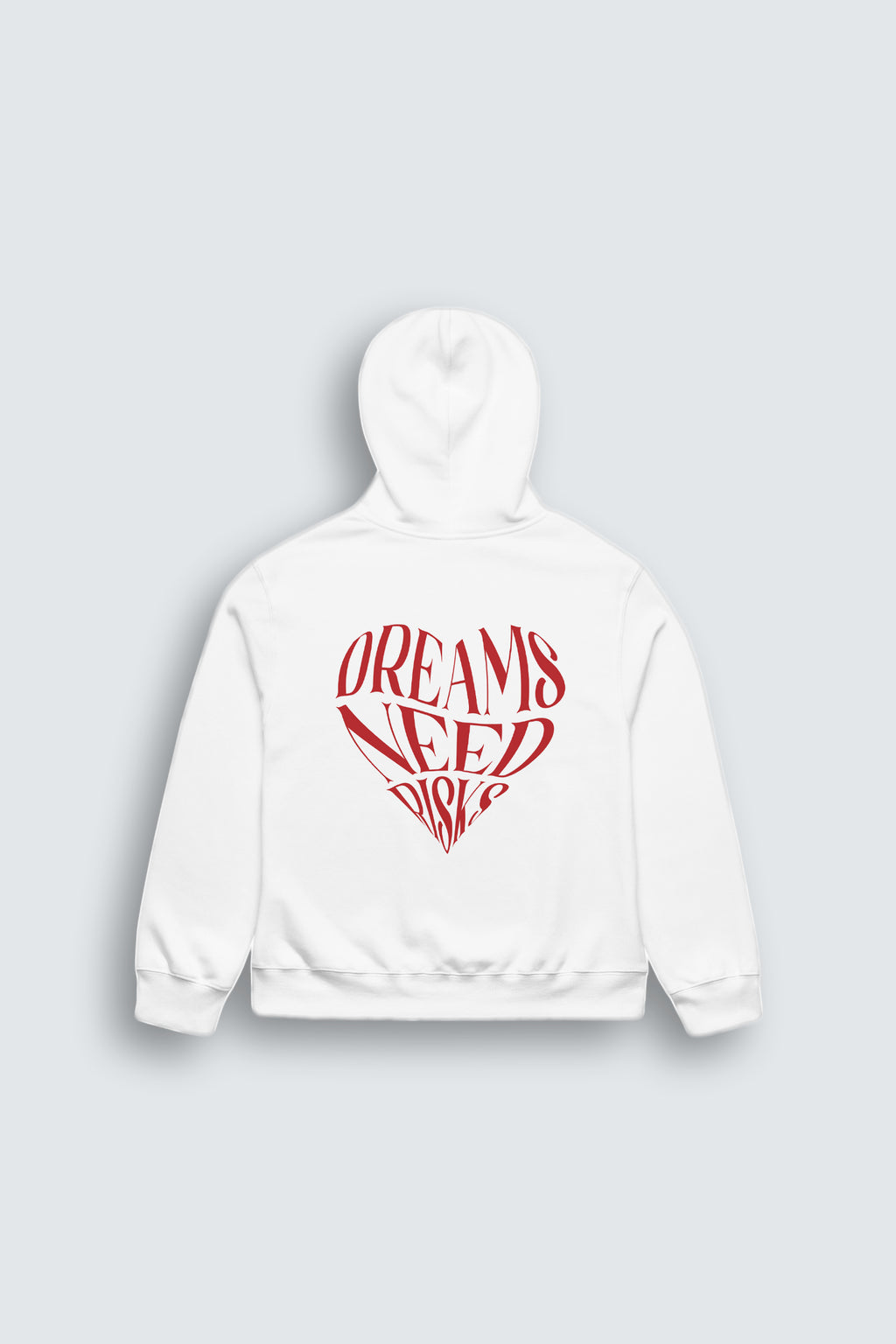 White hoodie with red text on a light gray background