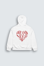 White hoodie with red text on a light gray background