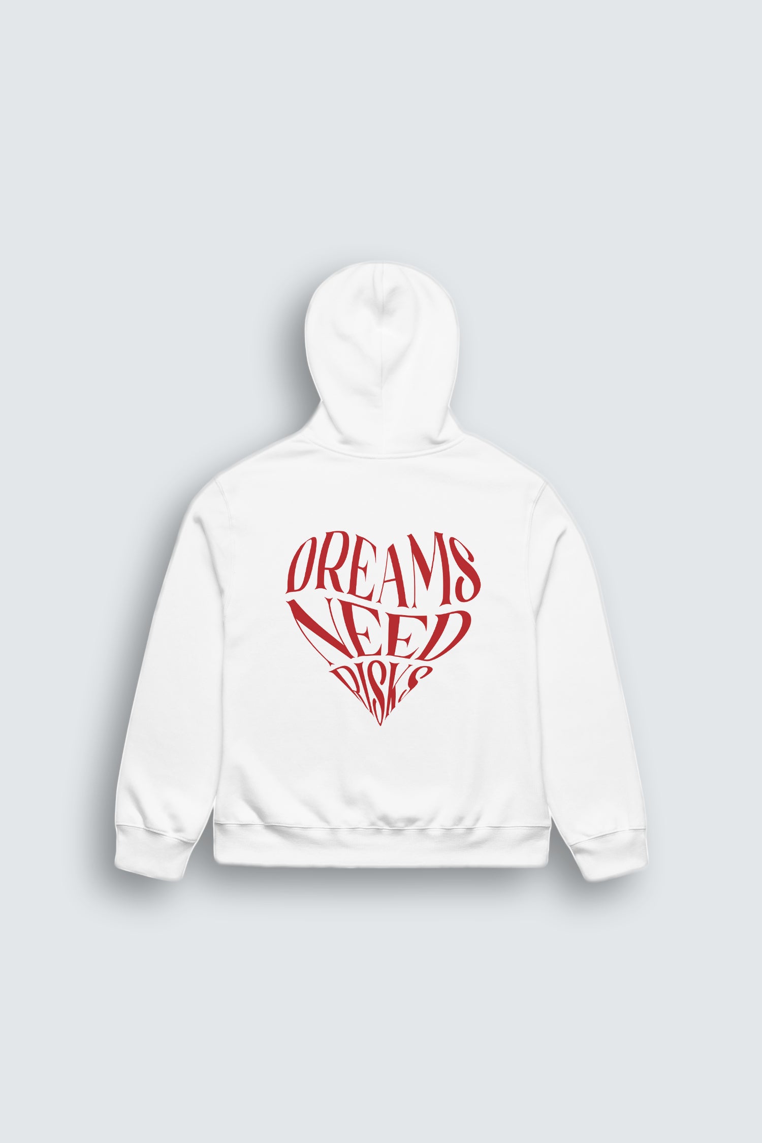 White hoodie with red text on a light gray background