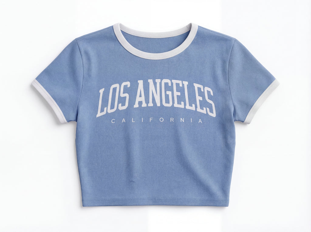 Blue t-shirt with 'Los Angeles California' text on a white background