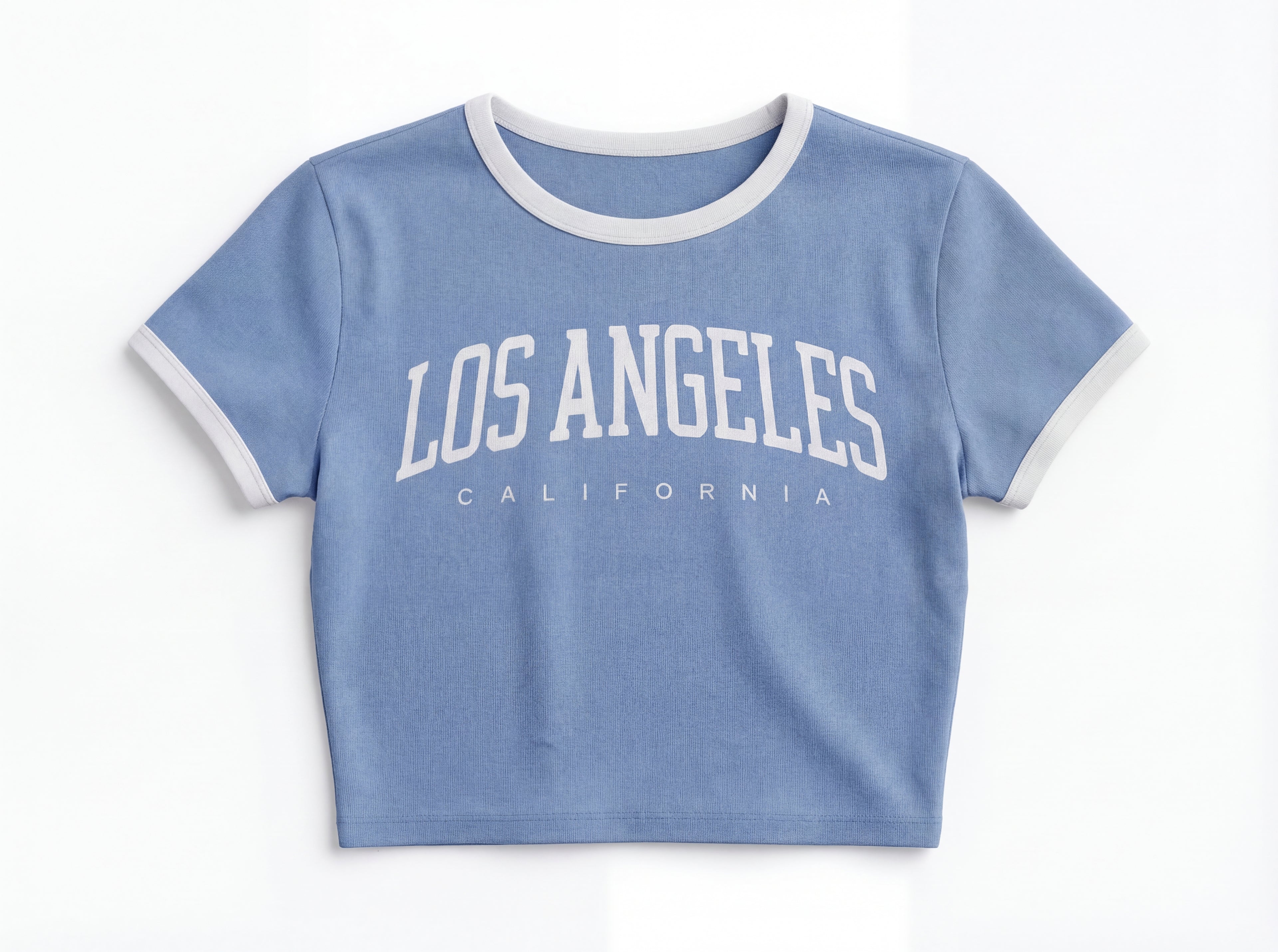 Blue t-shirt with 'Los Angeles California' text on a white background