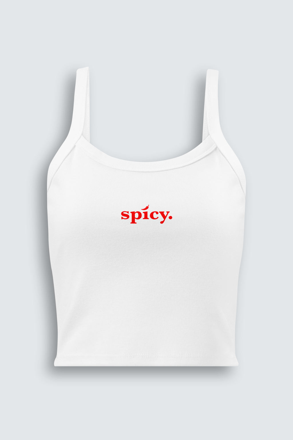 White tank top with 'spicy' text in red on a light gray background