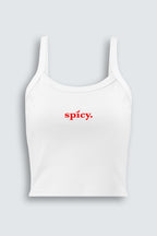 White tank top with 'spicy' text in red on a light gray background